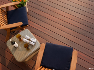 decks, chairs, wine and a flower pot