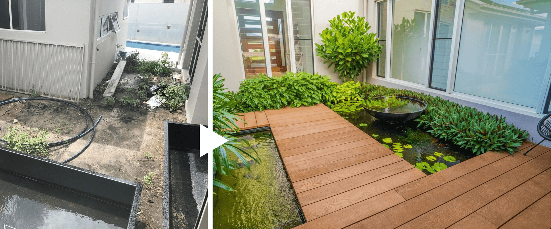 backyard water garden decking - before and after image