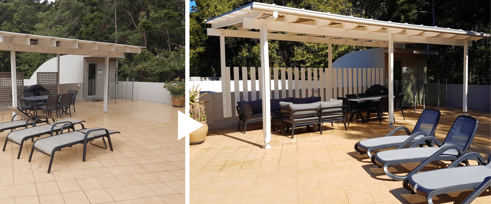 pool cabana decking - before and after image