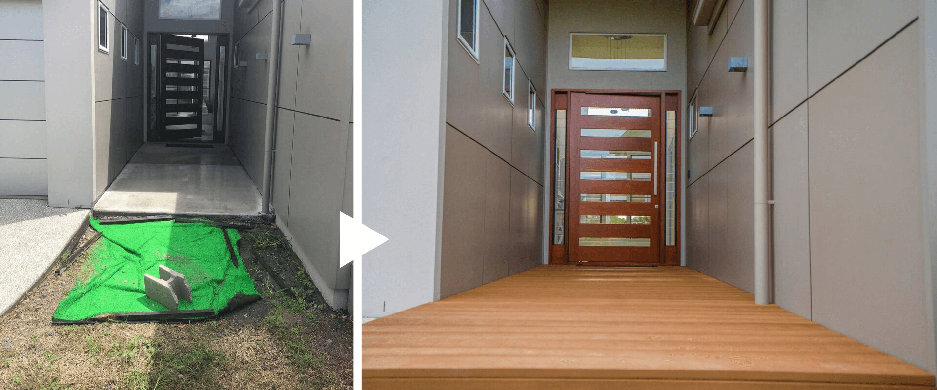 front door way decking - before and after image