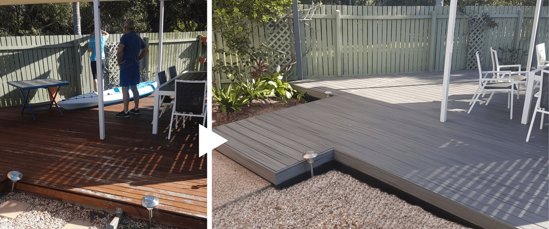 backyard seating area decking - before and after