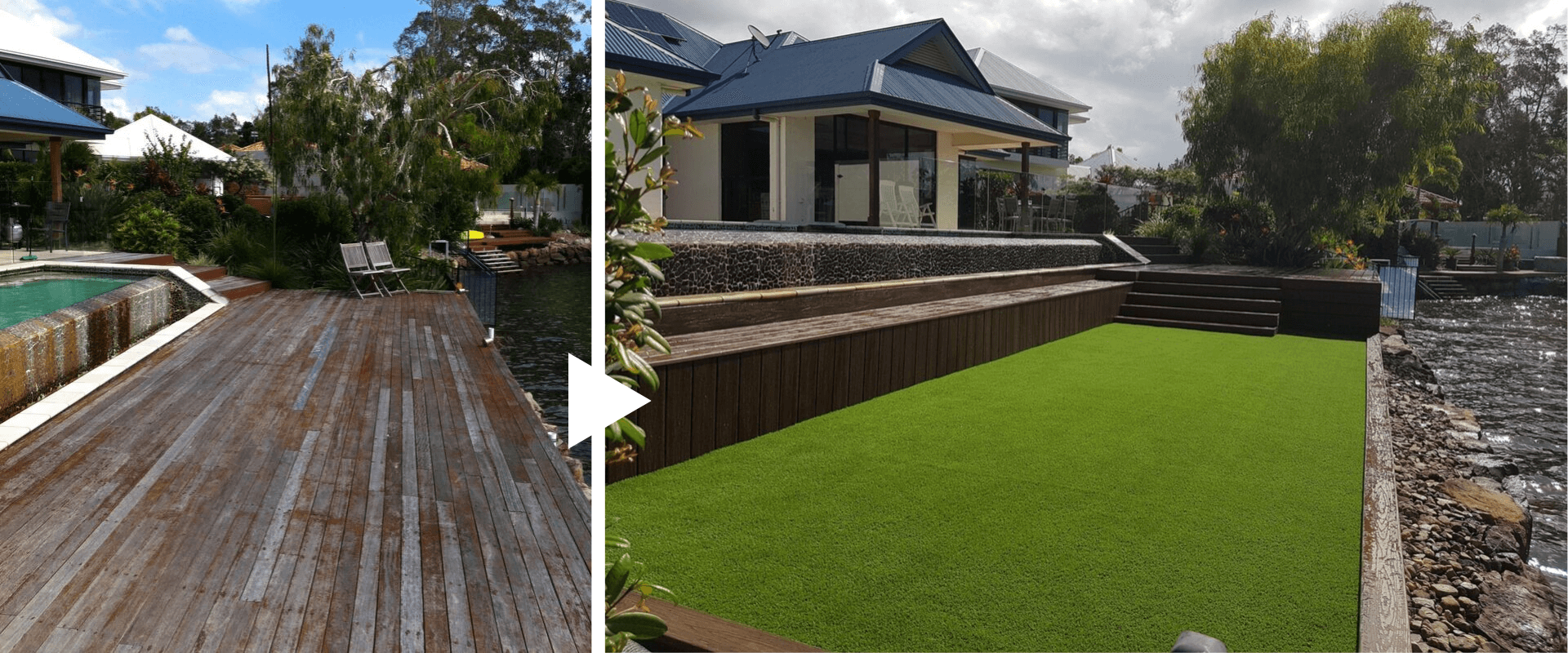 outdoor deck and lawn - before and after image