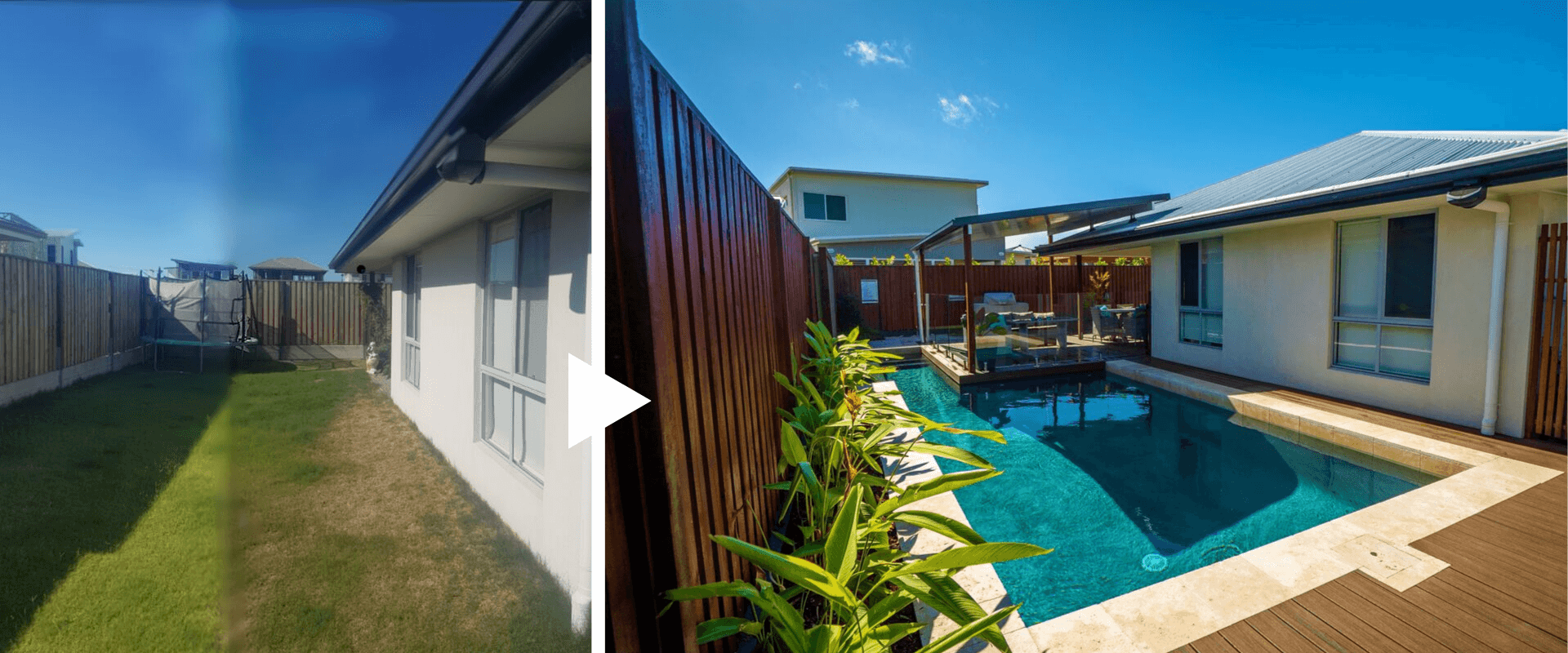 outdoor pool decking - before and after image