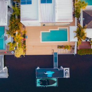 composite decking around the pool - drone view