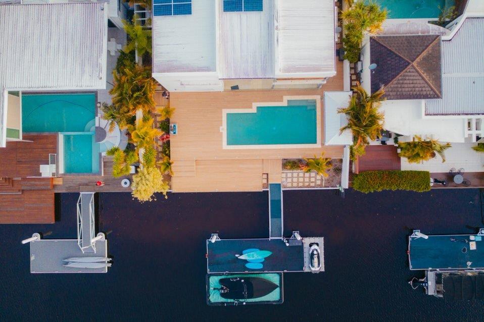 composite decking around the pool - drone view