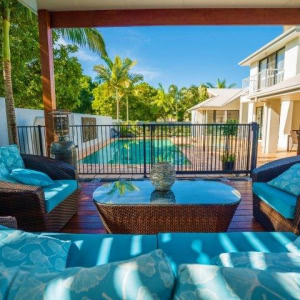 patio timber decking near the pool