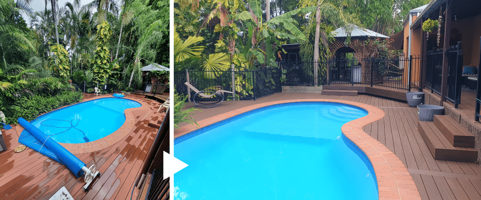 backyard pool area decking - before and after