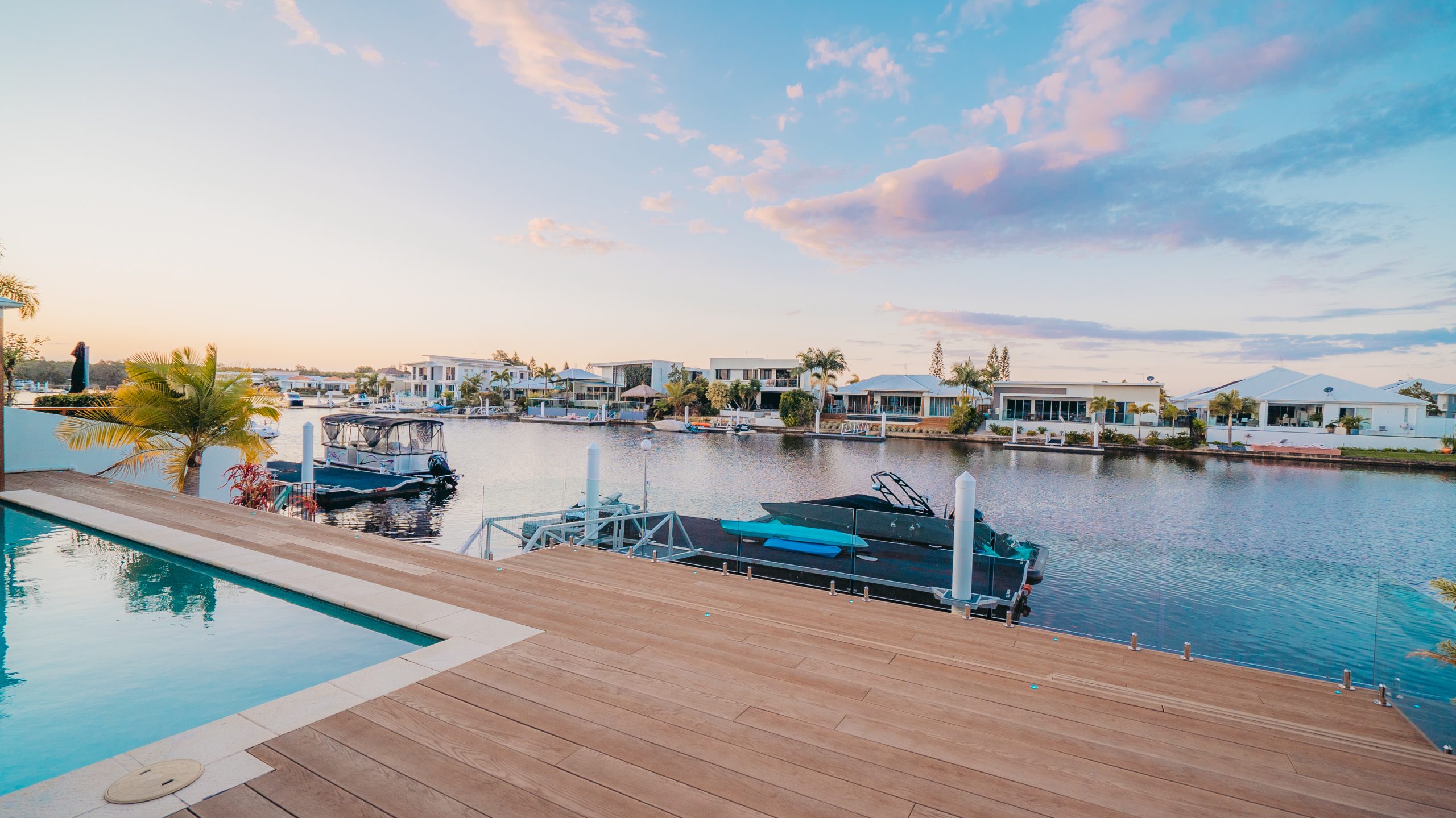 deck, swimming pool, river and boats
