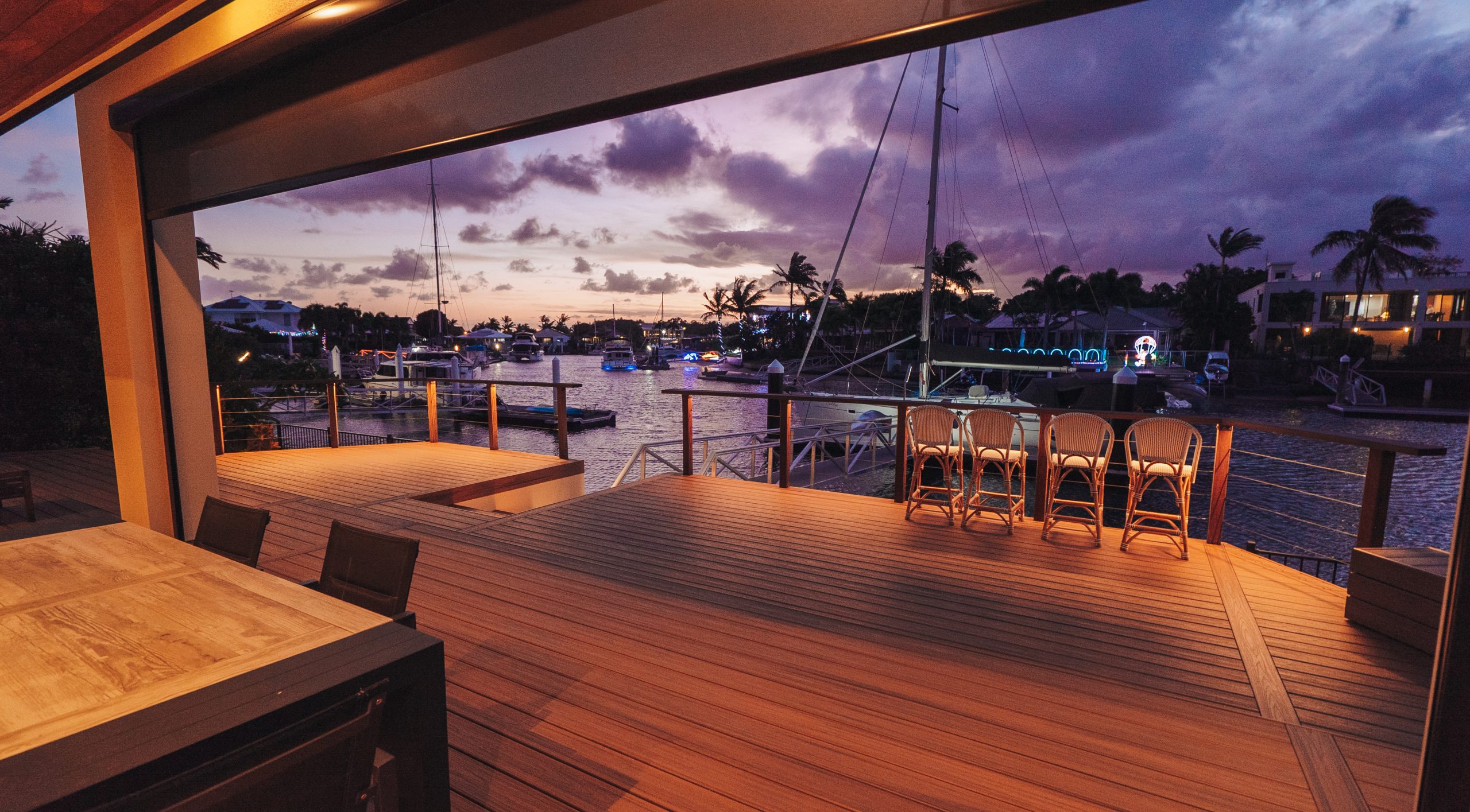 stunning waterfront deck at dusk